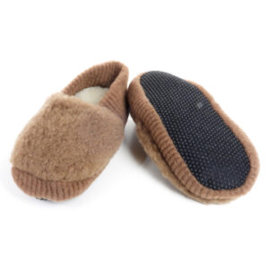 Hausschuh Wollflor Flauschies braun mit Noppensohle - Restposten